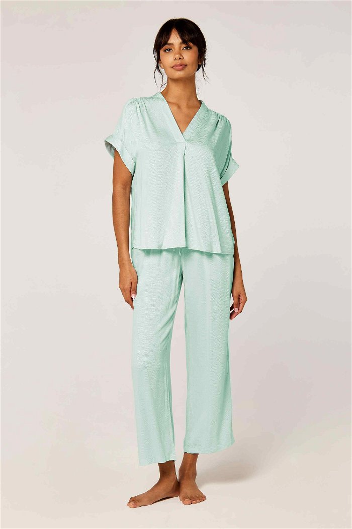 Box Pleat Short Sleeve Top and Wide Leg Pants Two-Piece Pajama Set product image 2