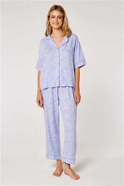 Classic Printed Two-Piece Pajama Set with Lapel Neckline and Short Sleeves product image