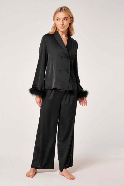Feather Trim Dobetti Neckline Long Sleeve Two-Piece Pajama Set product image