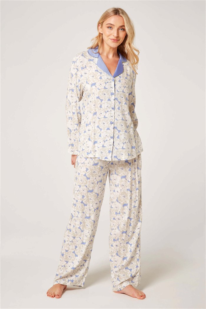 Flower Printed Two-Piece Pajama Set with Lapel Neckline and Long Sleeves product image 1