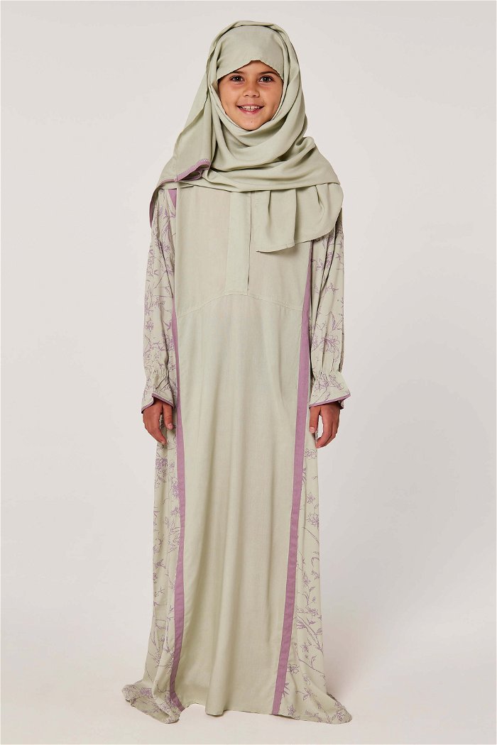 Zippered Style Half Plain Half Printed Prayer Dress with Matching Veil for Girls product image 1