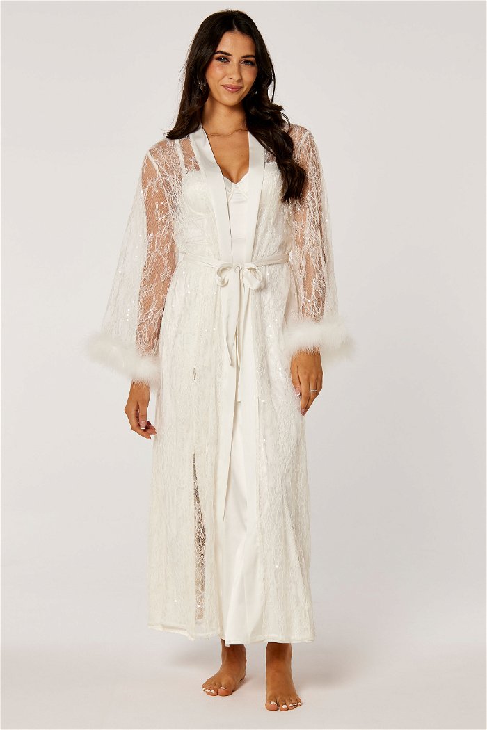 Elegant Belted Lace Bridal Robe with Feathers product image 4