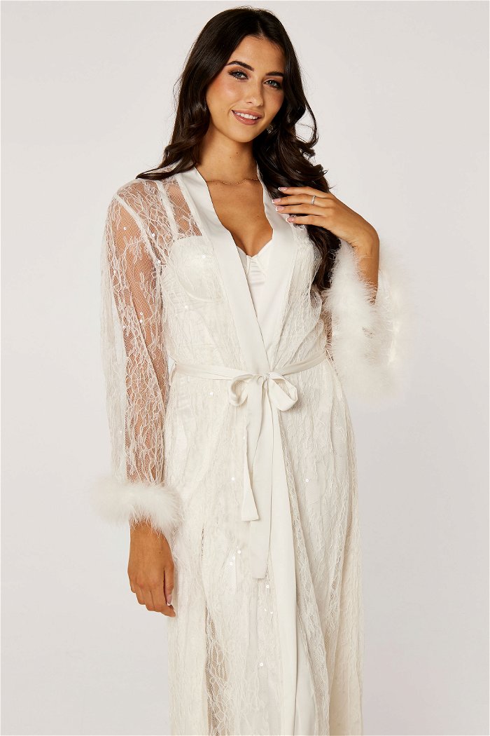 Elegant Belted Lace Bridal Robe with Feathers product image 3
