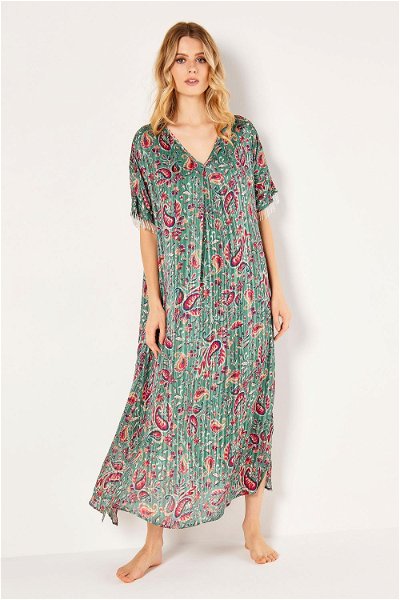 Wide Cut Printed Kaftan with Pleats and Fringed Sleeves product image