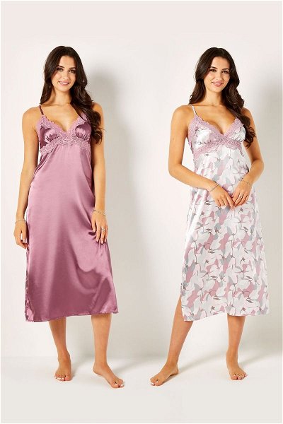 Pack of 2 Flower Print Satin Lace Night Gowns with Side Slits product image