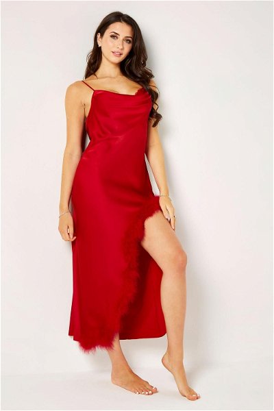 Plunging Neck Satin Dress with Feathers for Valentine's Day product image